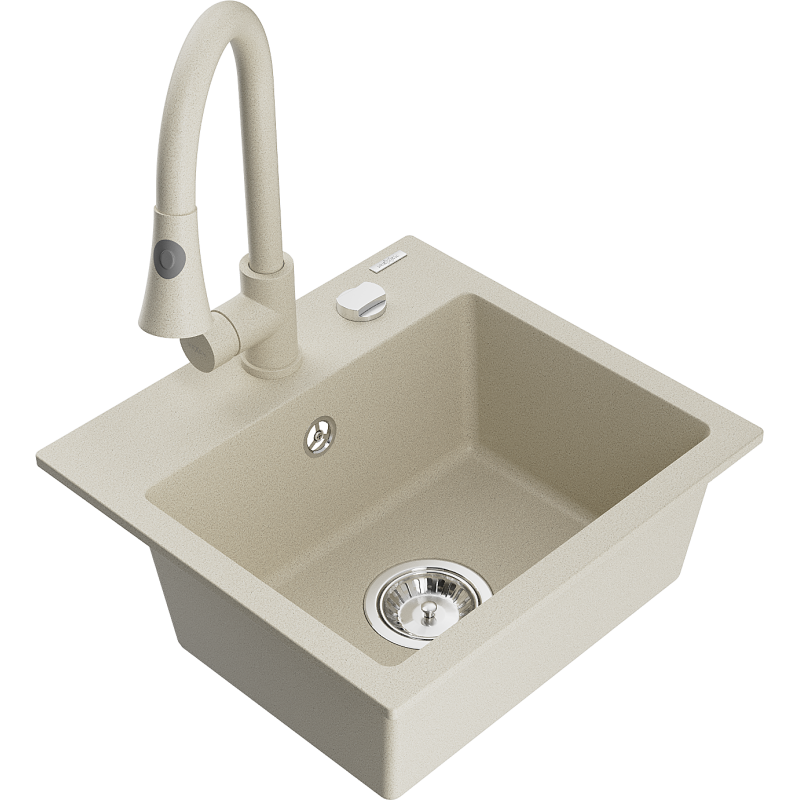 Mexen Milo 1-Becken-Granit-Spüle mit Mischbatterie Elia, Beige - 6505-69-670101-69