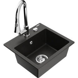 Mexen Milo 1-Becken-Granit-Spüle mit Mischbatterie Elia, Schwarz/Gold metallisch - 6505-75-670101-00