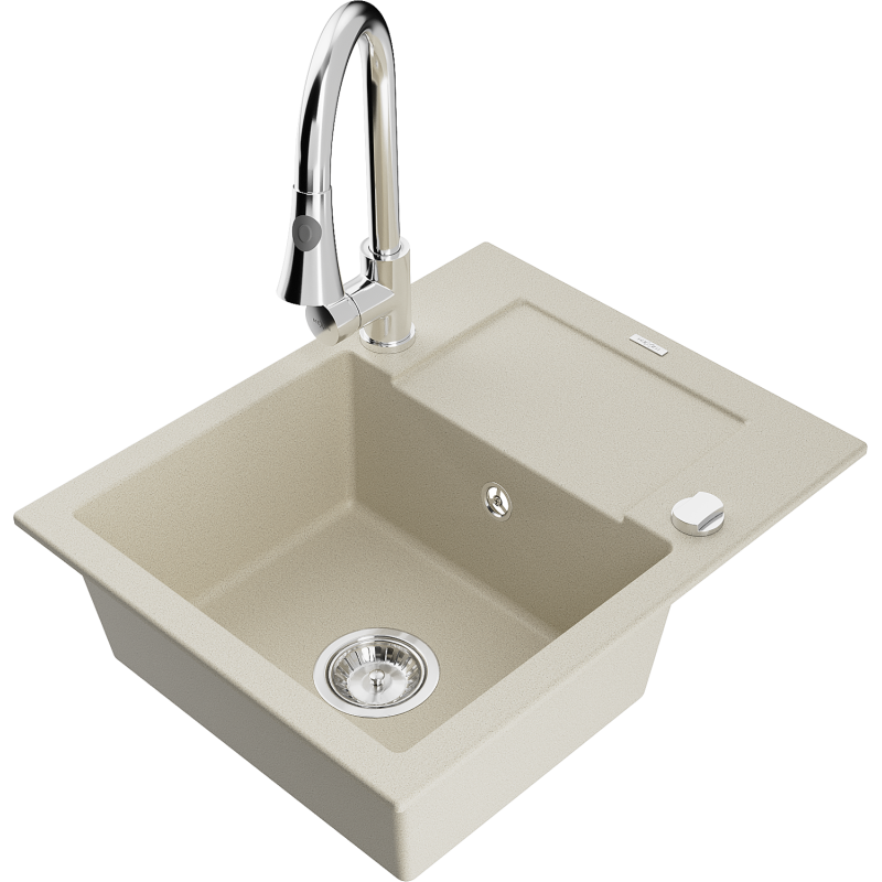 Mexen Enzo Granitspüle 1-Becken mit Abtropffläche und Küchenarmatur Elia, beige - 6506-69-670101-00