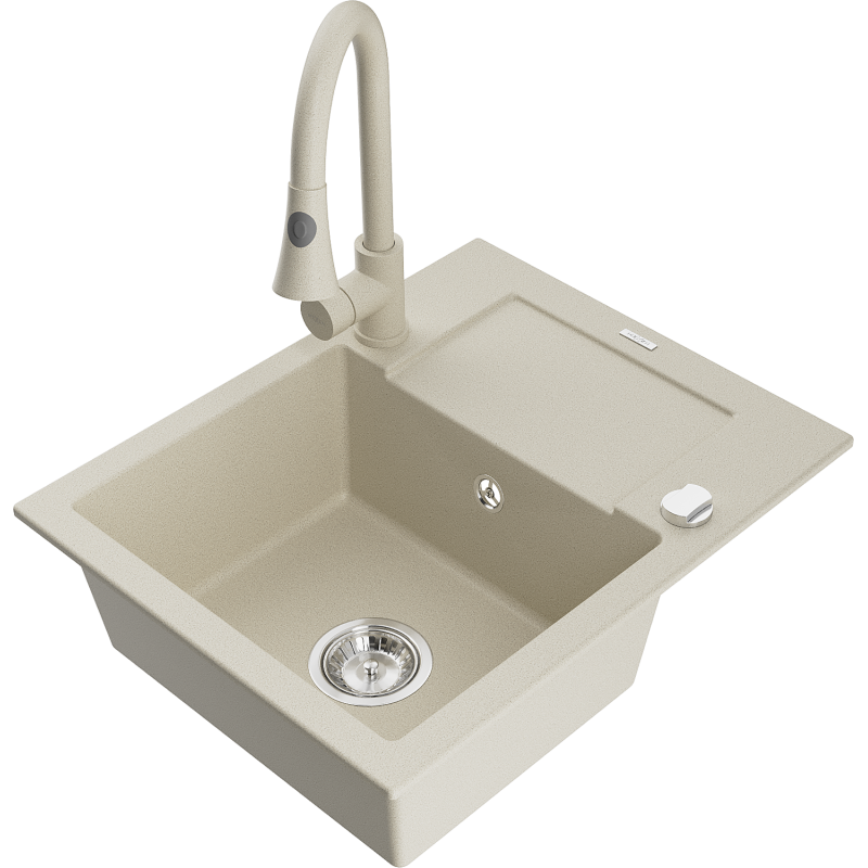 Mexen Enzo Granitspüle 1-Becken mit Abtropffläche und Küchenarmatur Elia, beige - 6506-69-670101-69