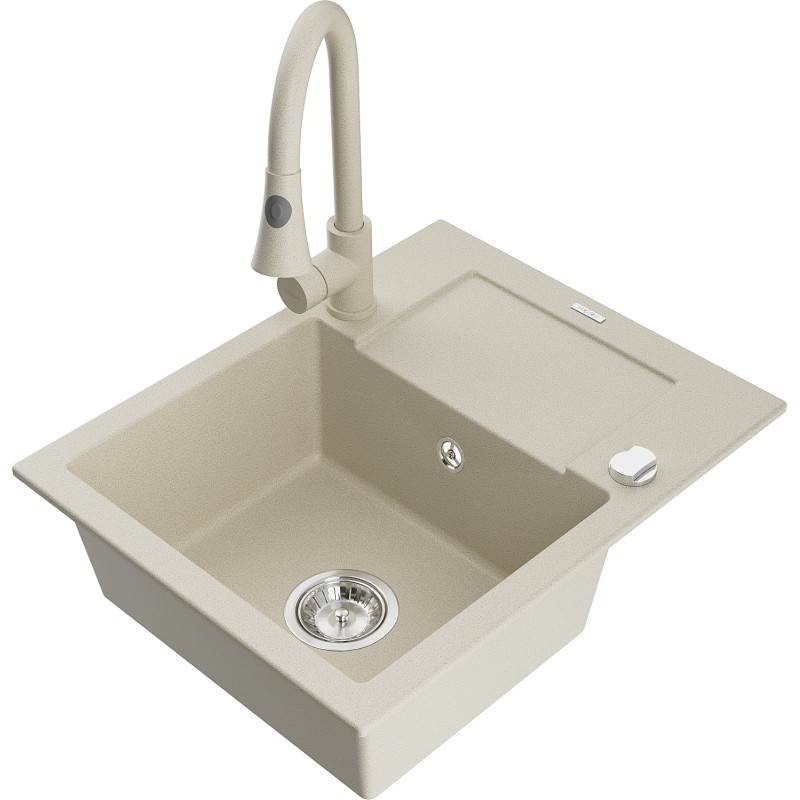 Mexen Enzo Granitspüle 1-beckig mit Abtropffläche und Küchenarmatur Elia, beige - 6506-69-670101-69