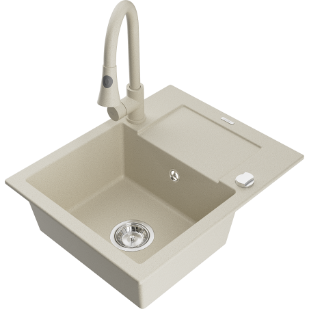 Mexen Enzo Granitspüle 1-Becken mit Abtropffläche und Küchenarmatur Elia, beige - 6506-69-670101-69