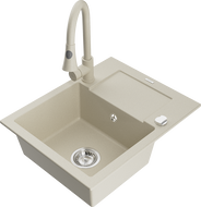 Mexen Enzo Granitspüle 1-Becken mit Abtropffläche und Küchenarmatur Elia, beige - 6506-69-670101-69
