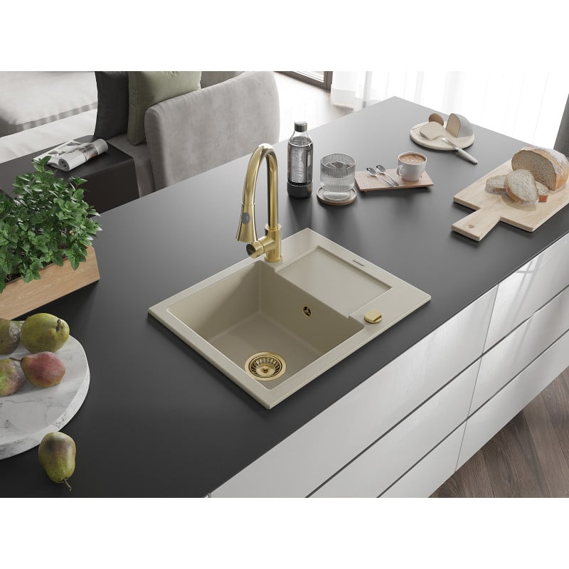 Mexen Enzo Granitspüle 1-becken mit Abtropffläche und Küchenarmatur Elia, beige - 6506-69-670101-50