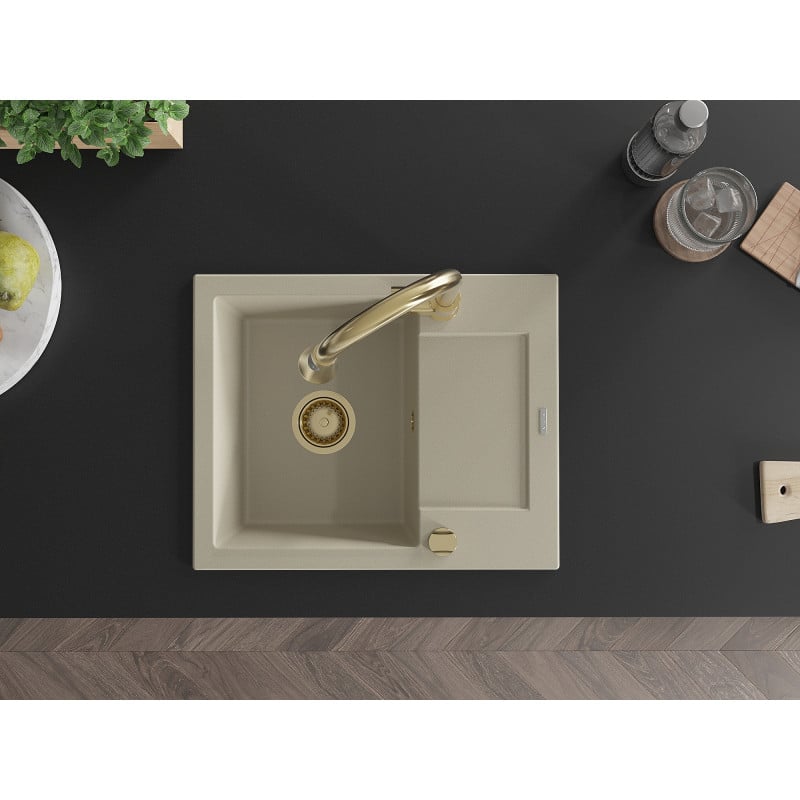 Mexen Enzo Granitspüle 1-becken mit Abtropffläche und Küchenarmatur Elia, beige - 6506-69-670101-50