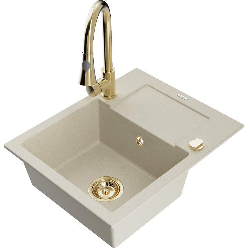 Mexen Enzo Granitspüle 1-becken mit Abtropffläche und Küchenarmatur Elia, beige - 6506-69-670101-50