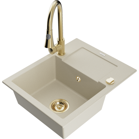 Mexen Enzo Granitspüle 1-becken mit Abtropffläche und Küchenarmatur Elia, beige - 6506-69-670101-50