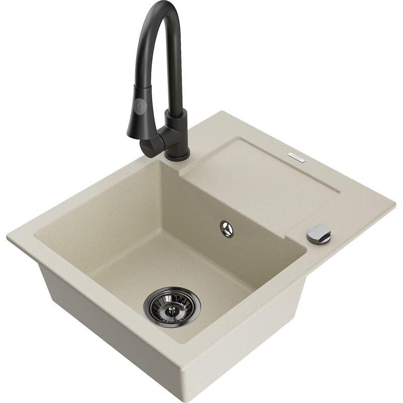 Mexen Enzo Granitspüle 1-Becken mit Abtropffläche und Küchenarmatur Elia, beige - 6506-69-670101-70
