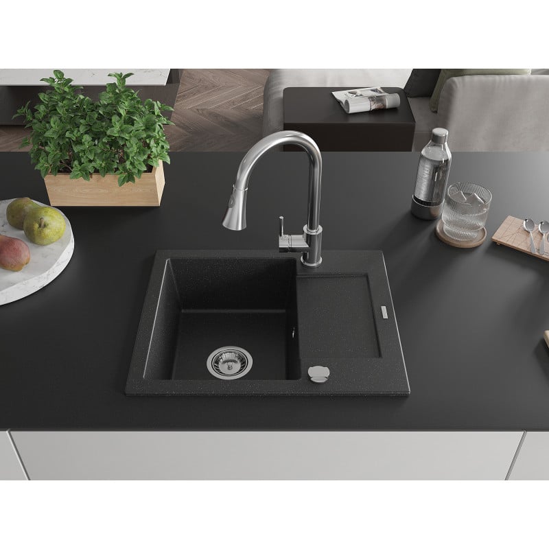 Mexen Enzo Granitspüle 1-beckig mit Abtropffläche und Küchenarmatur Elia, schwarz/silberner Metallic - 6506-73-670101-00