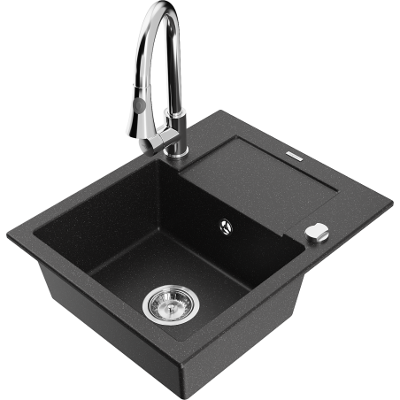 Mexen Enzo Granitspüle 1-beckig mit Abtropffläche und Küchenarmatur Elia, schwarz/silberner Metallic - 6506-73-670101-00