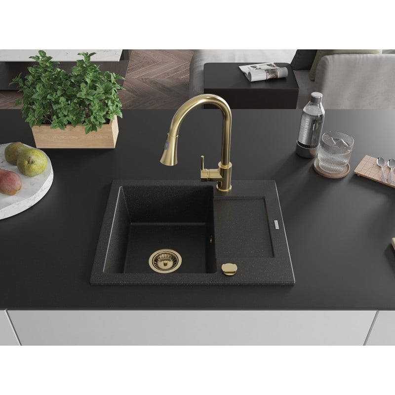 Mexen Enzo Granitspüle 1-Becken mit Abtropffläche und Küchenarmatur Elia, schwarz/silber metallic - 6506-73-670101-50