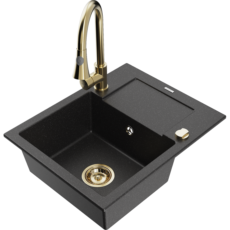 Mexen Enzo Granitspüle 1-Becken mit Abtropffläche und Küchenarmatur Elia, schwarz/silber metallic - 6506-73-670101-50