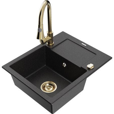 Mexen Enzo Granitspüle 1-Becken mit Abtropffläche und Küchenarmatur Elia, schwarz/silber metallic - 6506-73-670101-50