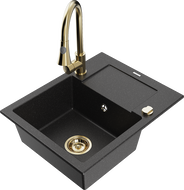 Mexen Enzo Granitspüle 1-Becken mit Abtropffläche und Küchenarmatur Elia, schwarz/silber metallic - 6506-73-670101-50