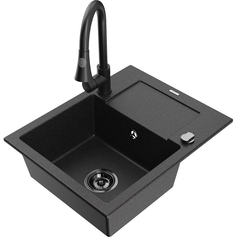 Mexen Enzo granit Spüle 1-beckig mit Abtropffläche und Küchenarmatur Elia, schwarz/silber metallic - 6506-73-670101-70-B