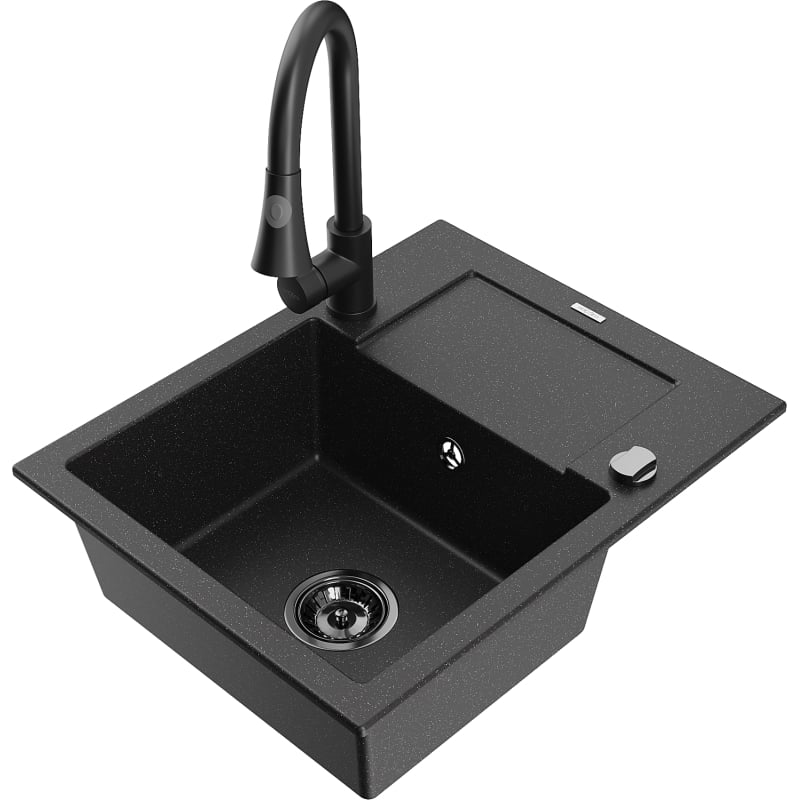Mexen Enzo Granitspüle 1-becken mit Abtropffläche und Küchenarmatur Elia, schwarz/silber Metallic - 6506-73-670101-70-B