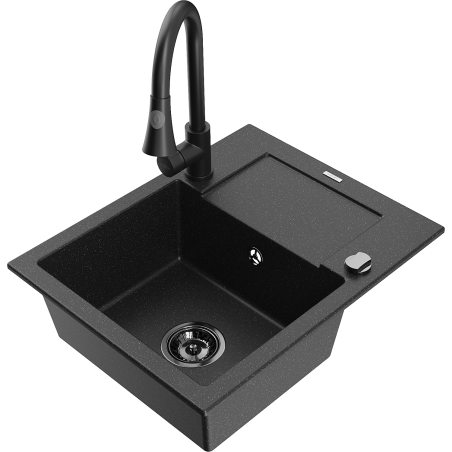 Mexen Enzo granit Spüle 1-beckig mit Abtropffläche und Küchenarmatur Elia, schwarz/silber metallic - 6506-73-670101-70-B