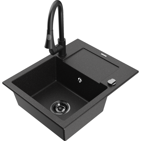 Mexen Enzo granitspüle 1-beckig mit abtropffläche und küchenarmatur Elia, schwarz/silber metallic - 6506-73-670101-70-B