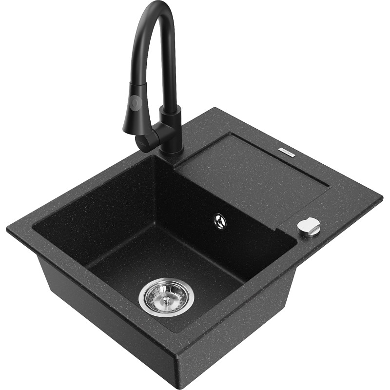 Mexen Enzo Granitspüle 1-becken mit Abtropffläche und Küchenarmatur Elia, schwarz/silber metallic - 6506-73-670101-70