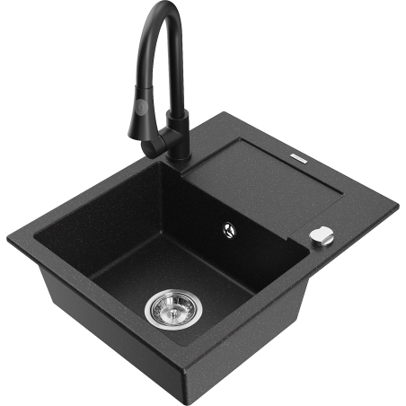 Mexen Enzo Granitspüle 1-beckig mit Abtropffläche und Küchenarmatur Elia, schwarz/silber metallic - 6506-73-670101-70