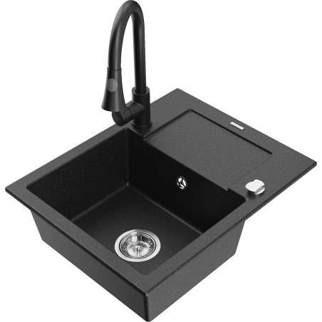 Mexen Enzo Granitspüle 1-Kammer mit Abtropffläche und Küchenarmatur Elia, schwarz/silber metallic - 6506-73-670101-70