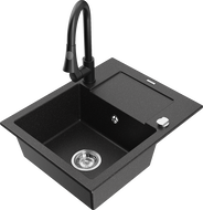Mexen Enzo Granitspüle 1-beckig mit Abtropffläche und Küchenarmatur Elia, schwarz/silber metallic - 6506-73-670101-70