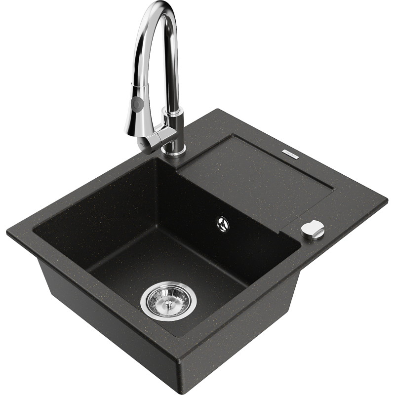 Mexen Enzo 1-bowlige Granitspüle mit Abtropffläche und Küchenarmatur Elia, schwarz/goldfarben metallic - 6506-75-670101-00
