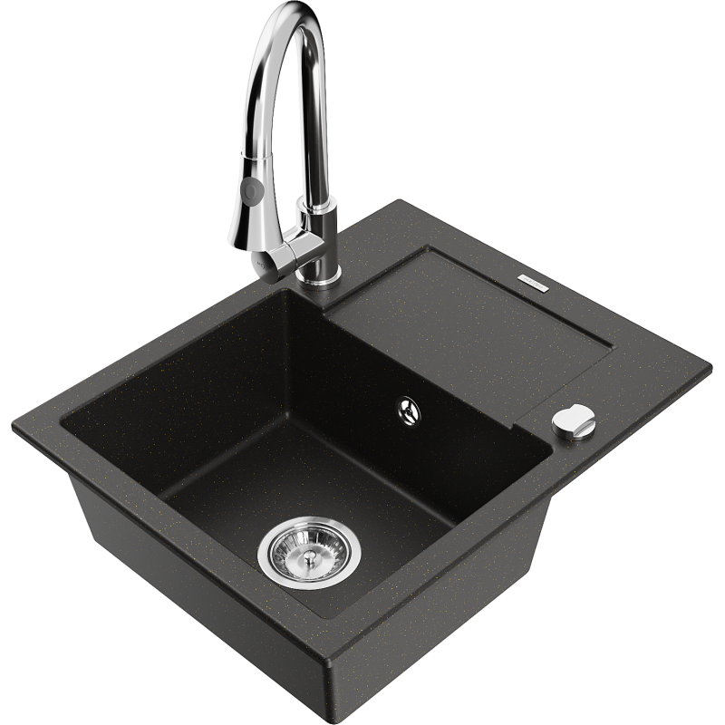 Mexen Enzo Granitspüle 1-Becken mit Abtropffläche und Küchenarmatur Elia, schwarz/gold Metallic - 6506-75-670101-00