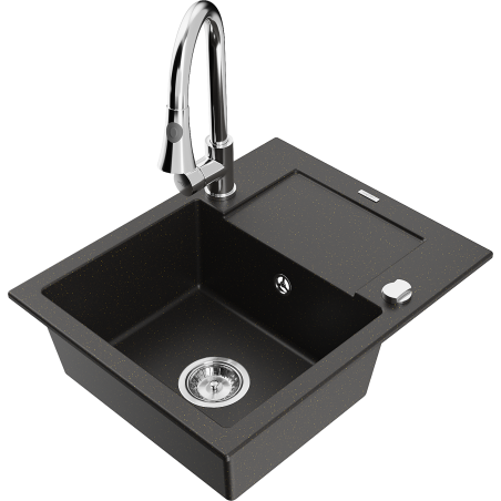 Mexen Enzo Granitspüle 1-Becken mit Abtropffläche und Küchenarmatur Elia, schwarz/gold Metallic - 6506-75-670101-00