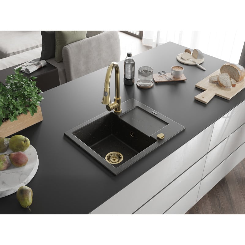 Mexen Enzo Granitspüle 1-beckig mit Abtropffläche und Küchenarmatur Elia, schwarz/gold metallic - 6506-75-670101-50