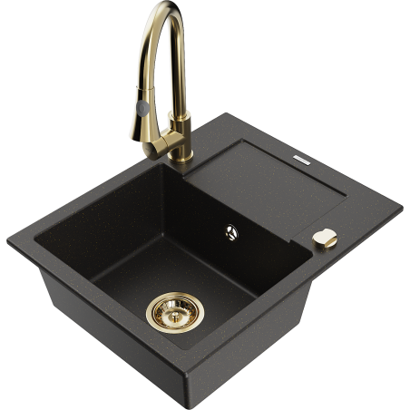 Mexen Enzo Granitspüle 1-beckig mit Abtropffläche und Küchenarmatur Elia, schwarz/gold metallic - 6506-75-670101-50