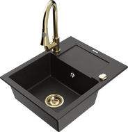 Mexen Enzo Granitspüle 1-beckig mit Abtropffläche und Küchenarmatur Elia, schwarz/gold metallic - 6506-75-670101-50