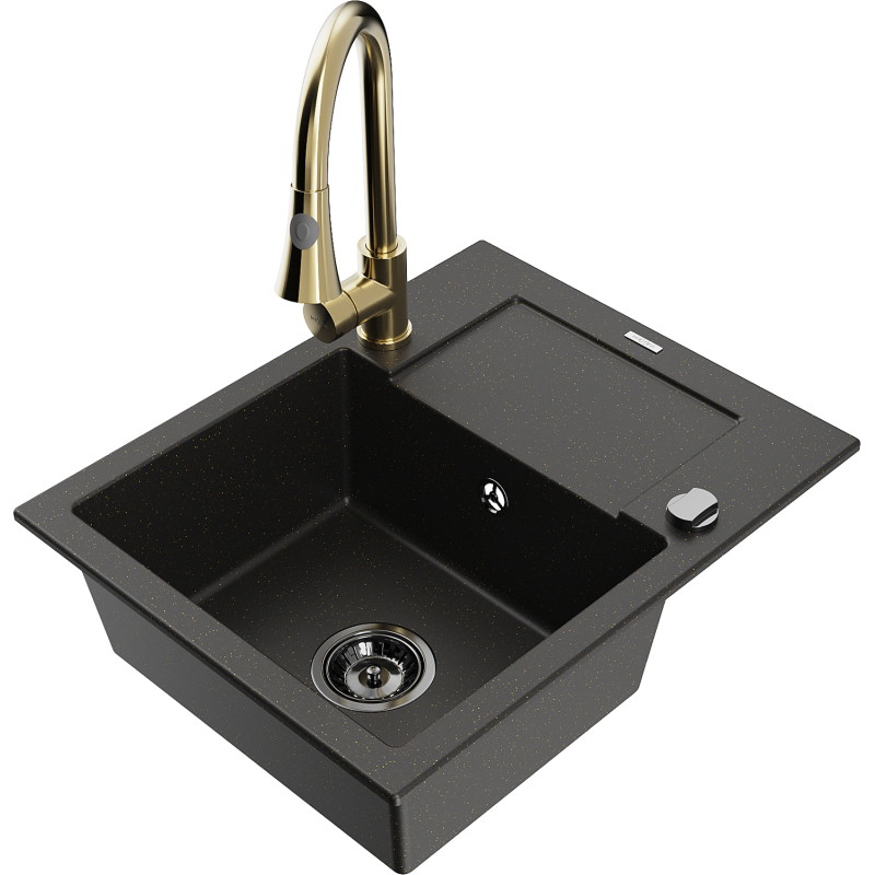Mexen Enzo Granitspülbecken 1-Kammer mit Abtropffläche und Küchenarmatur Elia, schwarz/gold metallisch - 6506-75-670101-50-B