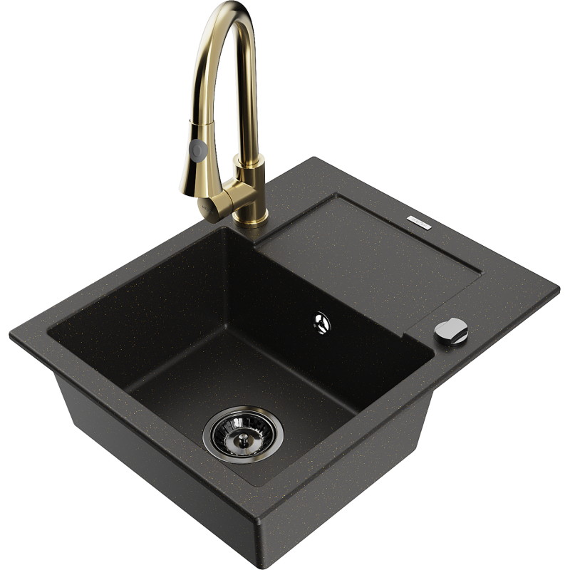 Mexen Enzo Granitspüle mit 1 Becken, mit Abtropffläche und Küchenarmatur Elia, schwarz/gold metallic - 6506-75-670101-50-B