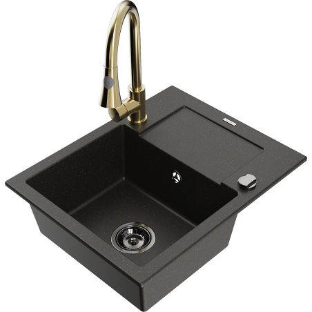Mexen Enzo Granitspüle mit 1 Becken, mit Abtropffläche und Küchenarmatur Elia, schwarz/gold metallic - 6506-75-670101-50-B