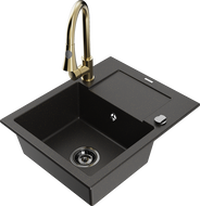 Mexen Enzo Granitspüle mit 1 Becken, mit Abtropffläche und Küchenarmatur Elia, schwarz/gold metallic - 6506-75-670101-50-B