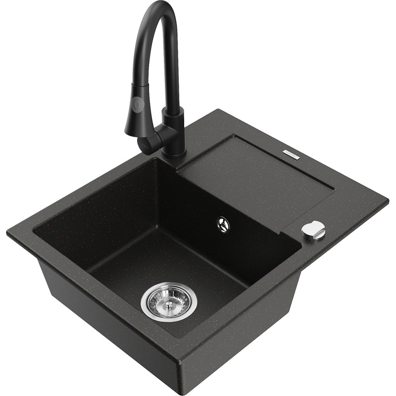 Mexen Enzo granitspüle 1-becken mit abtropffläche und küchenarmatur Elia, schwarz/gold metallic - 6506-75-670101-70