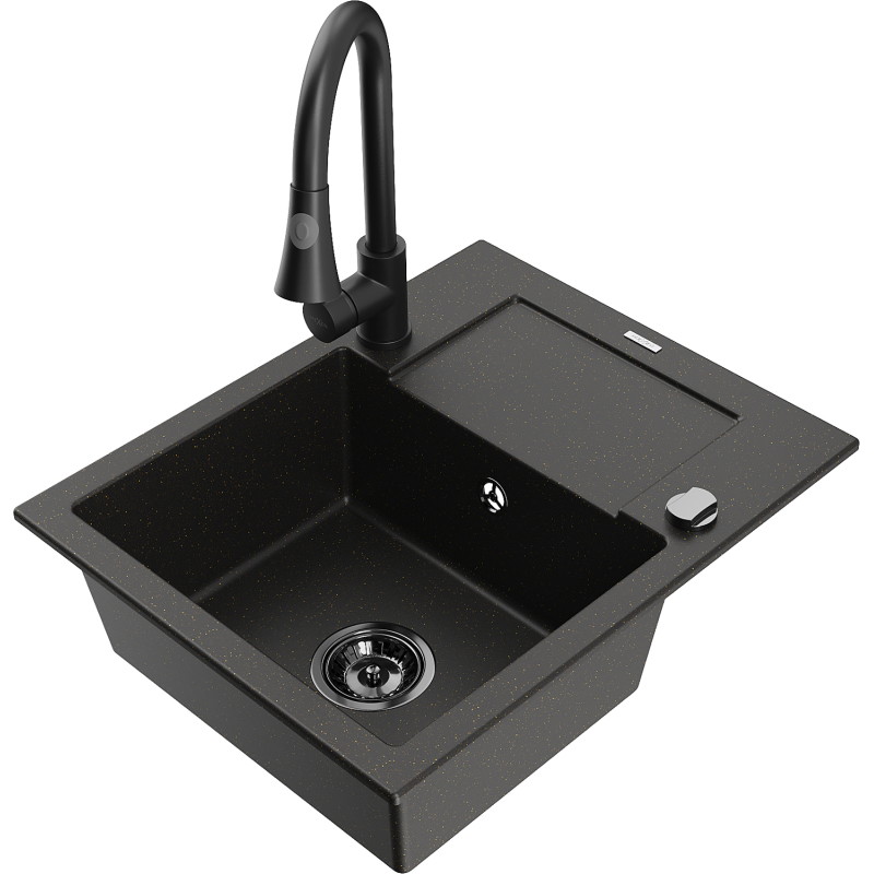 Mexen Enzo Granitspüle 1-Becken mit Abtropffläche und Küchenarmatur Elia, schwarz/gold metallic - 6506-75-670101-70-B