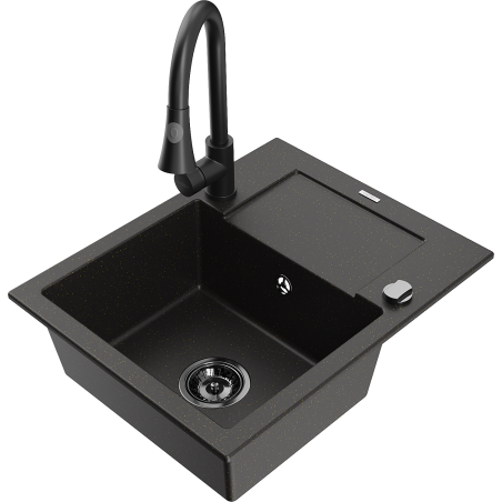 Mexen Enzo Granitspüle 1-Becken mit Abtropffläche und Küchenarmatur Elia, schwarz/gold metallic - 6506-75-670101-70-B