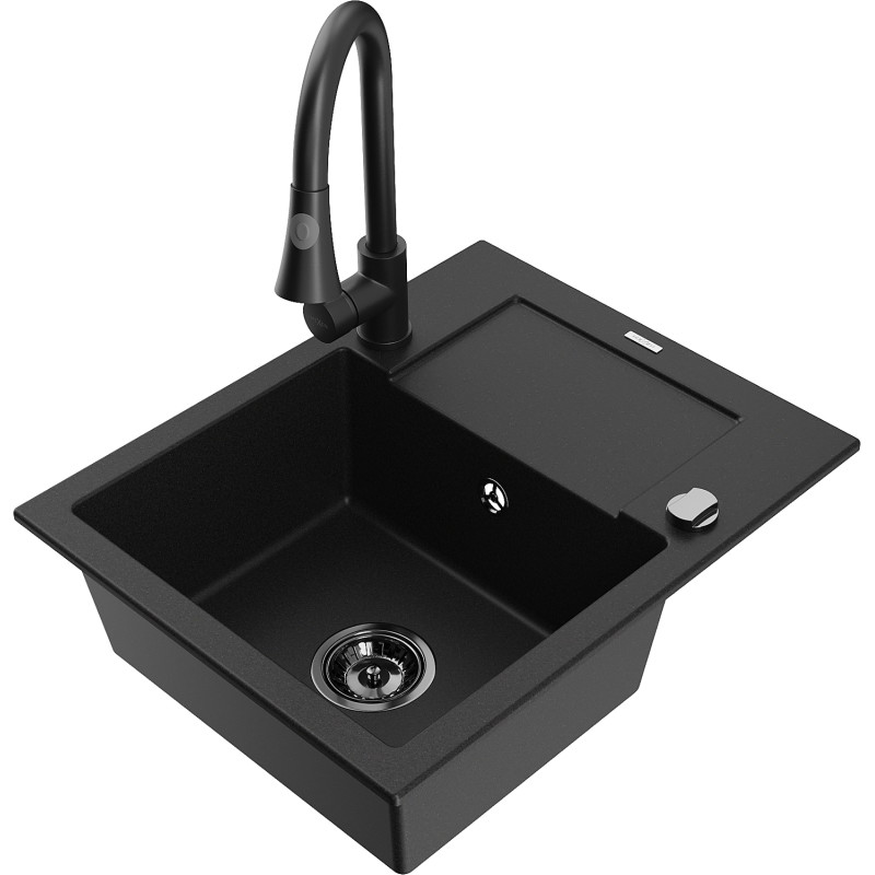 Mexen Enzo Granit-Spüle 1-Becken mit Abtropffläche und Küchenarmatur Elia, schwarz - 6506-77-670101-70-B