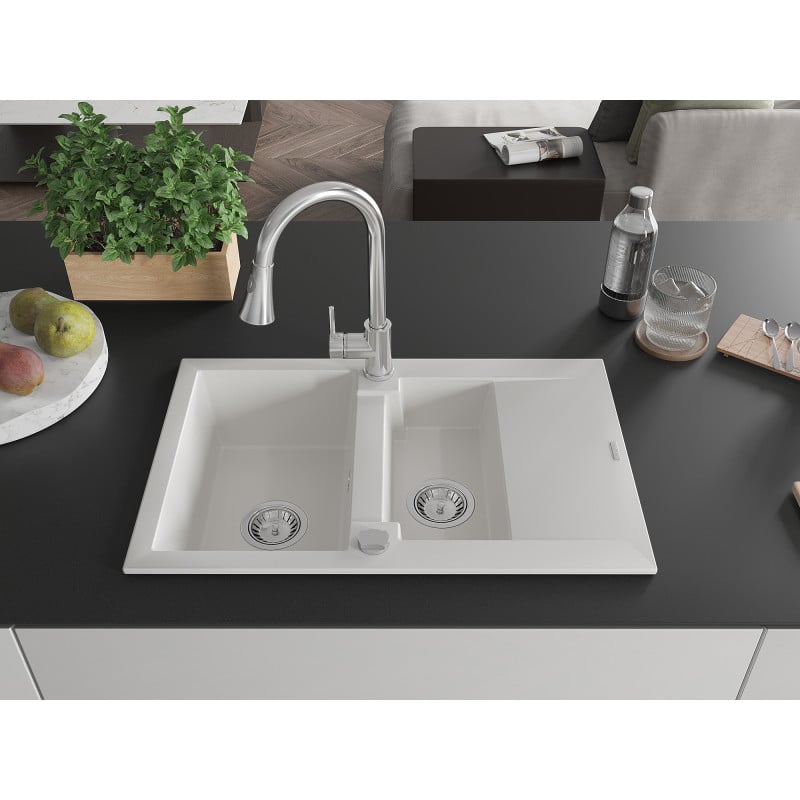 Mexen Gaspar Granitspüle 1,5-Becken mit Abtropffläche und Küchenarmatur Elia, weiß - 6507-20-670101-00