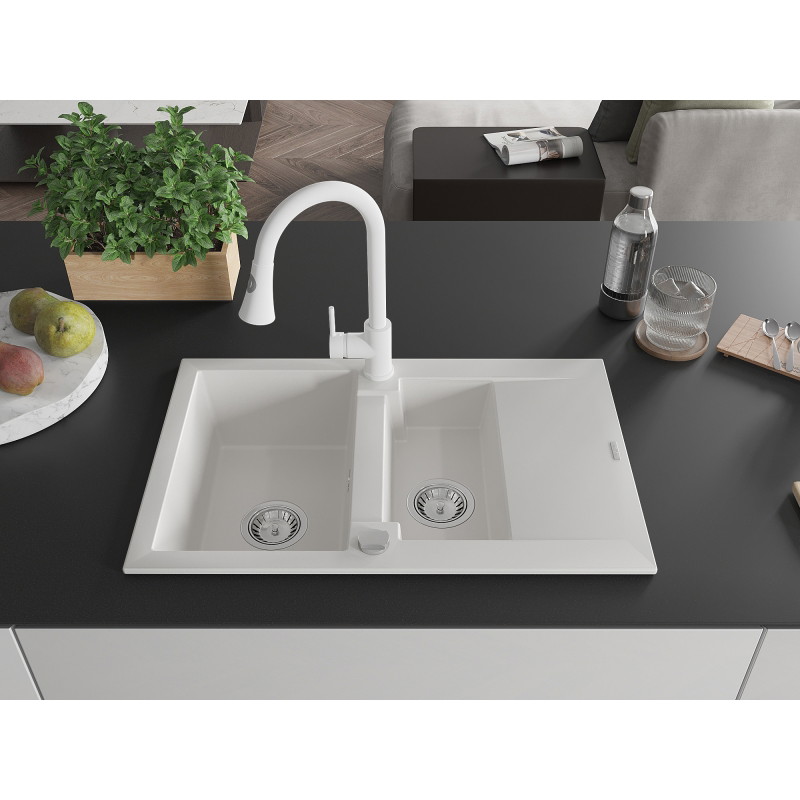 Mexen Gaspar Granitspüle 1,5-becken mit Abtropffläche und Küchenarmatur Elia, weiß - 6507-20-670101-20