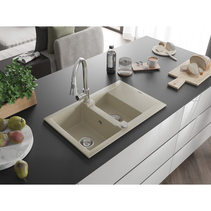 Mexen Gaspar Granitspüle 1,5-Schüssell mit Abtropffläche und Küchenarmatur Elia, beige - 6507-69-670101-00