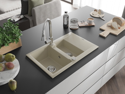 Mexen Gaspar Granitspüle 1,5-Schüssell mit Abtropffläche und Küchenarmatur Elia, beige - 6507-69-670101-00