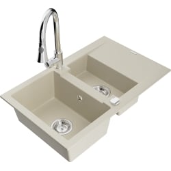 Mexen Gaspar 1,5-Becken-Granitspüle mit Abtropffläche und Mischbatterie Elia, Beige - 6507-69-670101-00