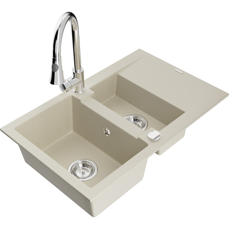 Mexen Gaspar Granitspüle 1,5-Komponenten mit Abtropffläche und Küchenarmatur Elia, beige - 6507-69-670101-00