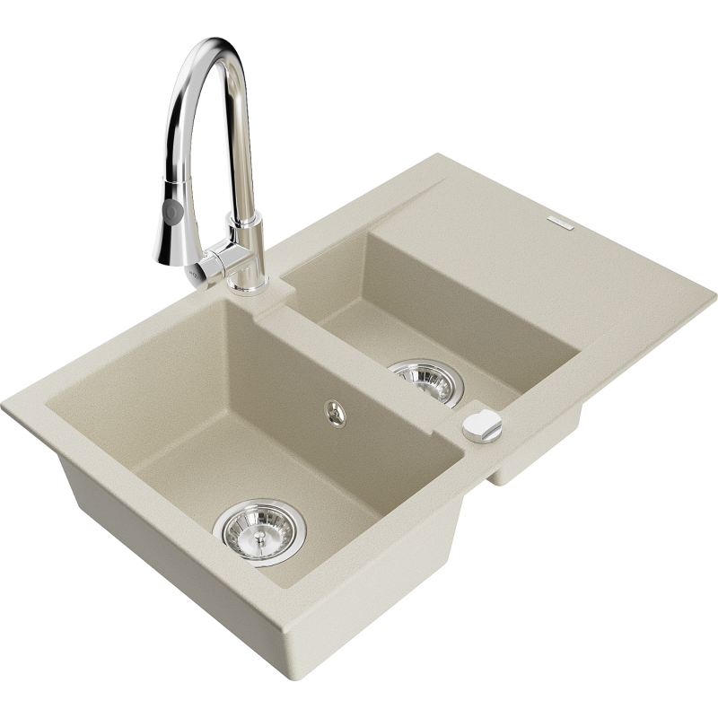 Mexen Gaspar Granitspüle 1,5-Schüssell mit Abtropffläche und Küchenarmatur Elia, beige - 6507-69-670101-00