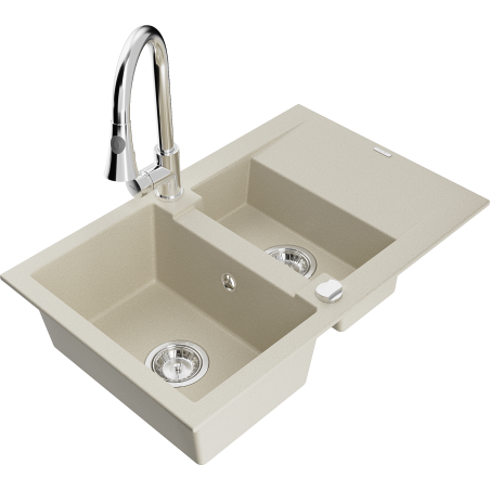 Mexen Gaspar Granitspüle 1,5-Schüssell mit Abtropffläche und Küchenarmatur Elia, beige - 6507-69-670101-00