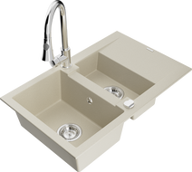 Mexen Gaspar Granitspüle 1,5-Schüssell mit Abtropffläche und Küchenarmatur Elia, beige - 6507-69-670101-00