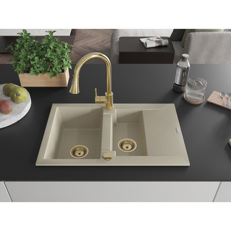 Mexen Gaspar 1,5-Kammern Granitspüle mit Abtropffläche und Küchenarmatur Elia, beige - 6507-69-670101-50